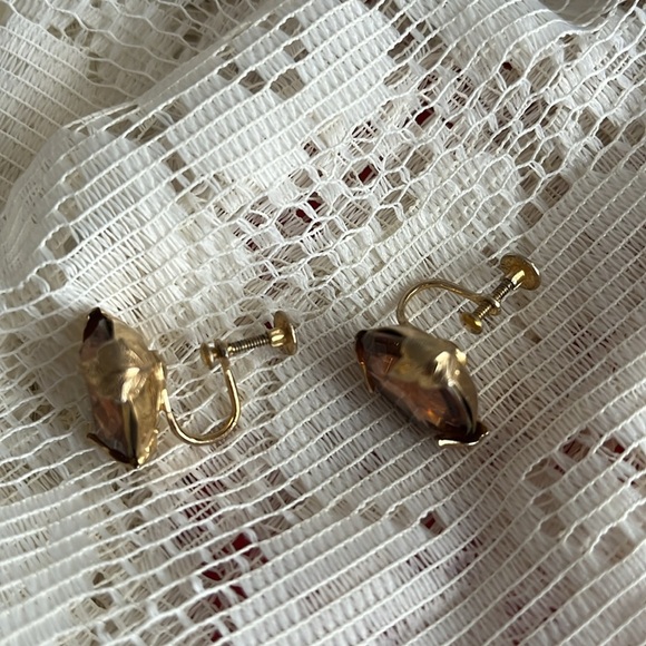 Bond Boyd Sterling Brown Topaz gold leaf screw-back earrings Vintage Canada - Picture 8 of 14